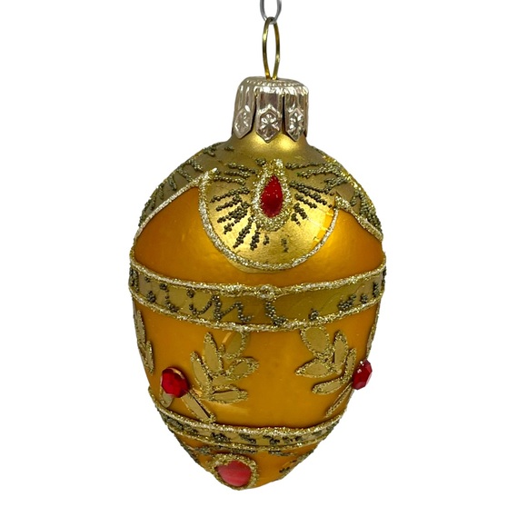 Red Envelope red & gold glass egg Christmas ornament w/handmade beaded hook - Picture 2 of 9